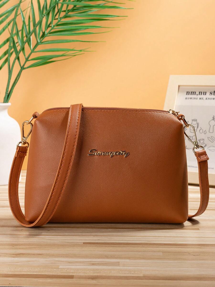 Solid Color Metal Decor Casual Shoulder Bag - Brown - View 1