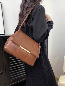 Bolso Tote De Moda Para Mujer Con Hilo De Bordado De Color Sólido - Marrón - Ver 5