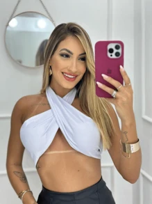 Wrap Top With Tie With Padded Tops Bandeau Crossover Fashion Blogger Party - White - View 3