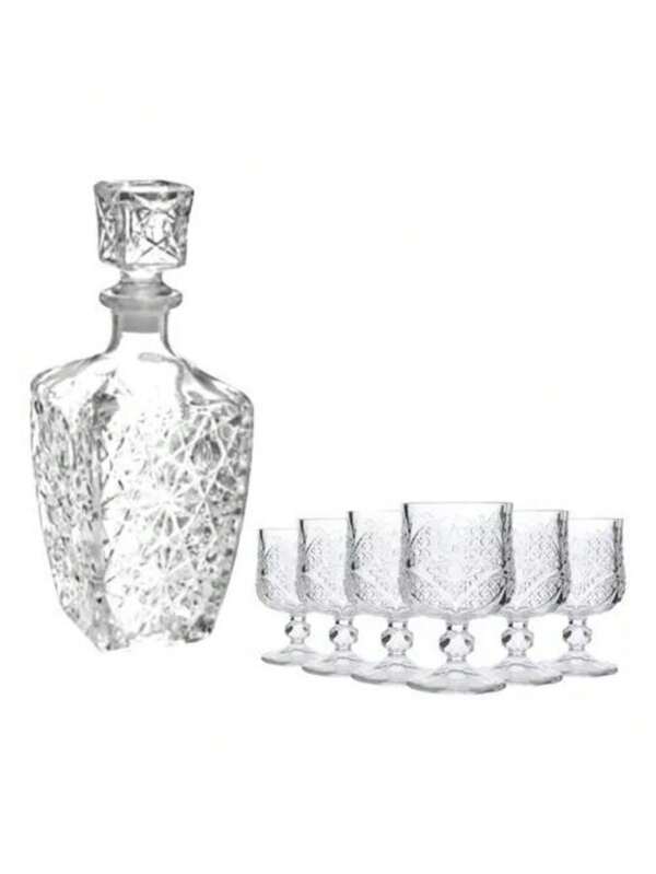 Garrafa Licoreira Whisky Bebida de Vidro 800ml + 6 Taças De Licor Trabalhadas 40ml