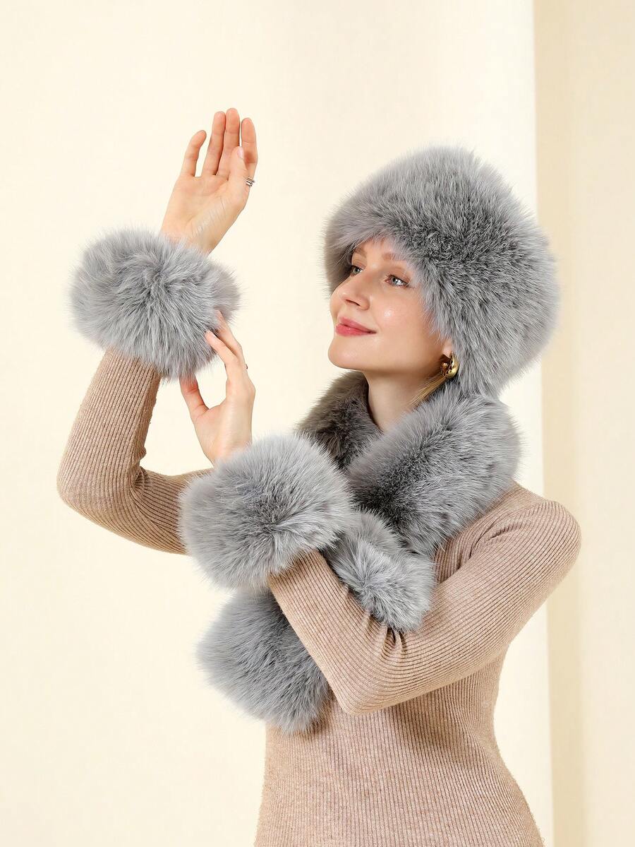 3 件套女用狐狸毛頭巾、頭帶、腕帶套裝