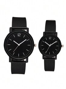 2 Pezzi/set Orologio Al Quarzo Nero Per Coppia, Cinturino In Plastica Nera, Stile Casual