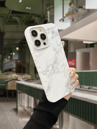 1PC Glossy White Marble Pattern Phone Case Compatible With Iphone 16 Waterproof Shockproof Anti-Fall Scratch Resistant