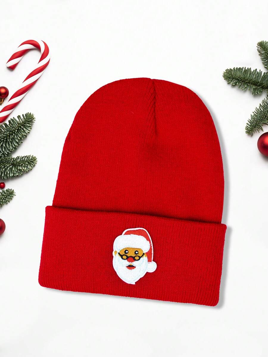 1 件裝女聖誕聖誕老人刺繡針織帽,聖誕節戶外保暖冬季無簷小便帽 - 紅色 - 查看 1