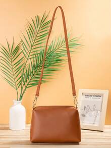 Solid Color Metal Decor Casual Shoulder Bag - Brown - View 2