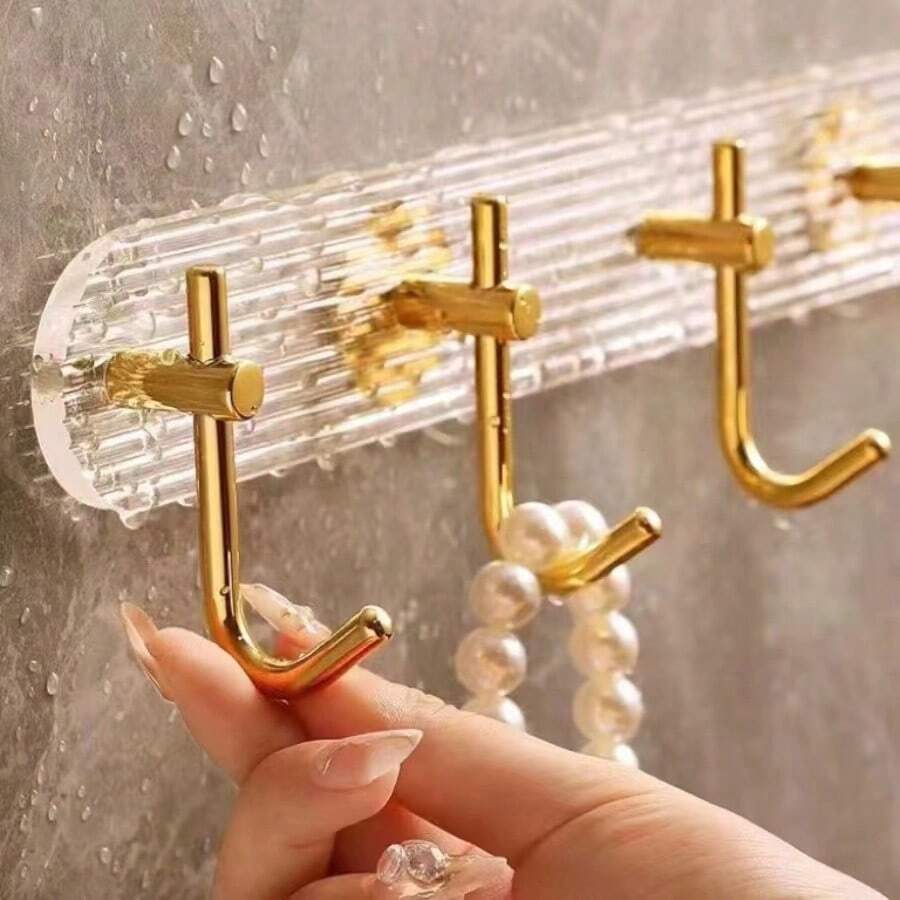 金色3掛鉤丙烯酸浴室毛巾鉤,掛在客廳/廚房/浴室的掛衣鉤,無需鑽孔安裝 - 金色3個鉤子 - 查看 1