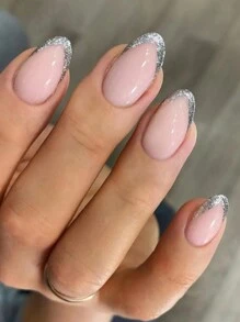 24pcs Round French Style False Nails With Silver Edge & Glitter Decoration - Multicolor - View 1