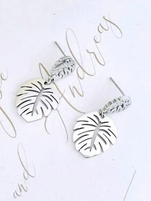 1對時尚創意中空葉子設計不銹鋼銀耳環,夏日沙灘風格,適合女性