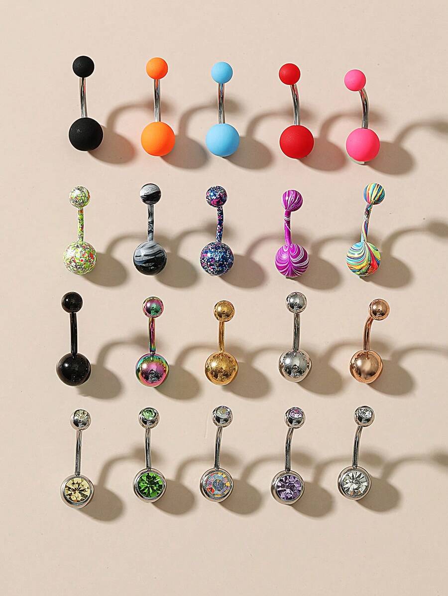 20 件裝女用不銹鋼肚臍環,帶水鑽裝飾,條厚 14 克