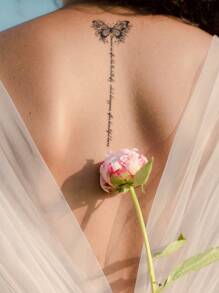 6 Piezas De Tatuajes Temporales Con Patrones De Mariposas Negras, Flores Y Palabras Para Mano, Pecho, Abdomen Y Espalda - Negro - Ver 7