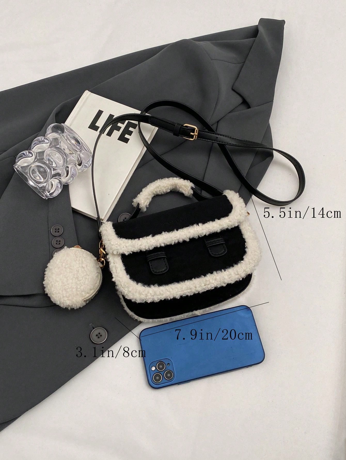 حقيبة يد صغيرة بطراز رجعي أسود عصري بحافة فرو، حقي...