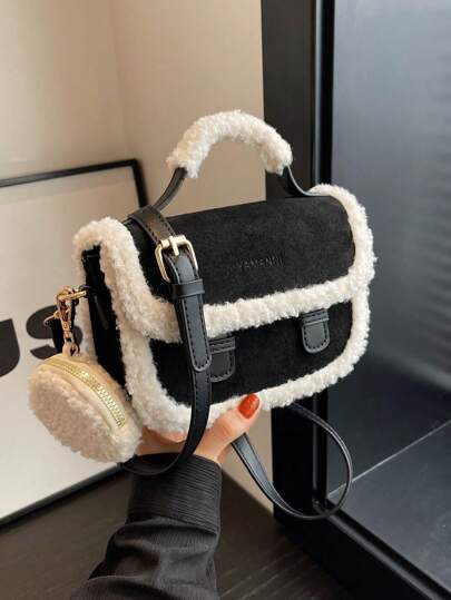 Fashionable Retro Style Black Mini Tote Bag With Furry Edge, New Arrival Fur Purse, New Arrival Fur Bag For Women