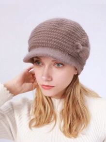 1pc Solid Stripe Casual Retro Acrylic Jacquard Rabbit Fur Knitted Beret, Warm Lining Earflap Newsboy Cap, Suitable For Autumn And Winter - Khaki - View 1