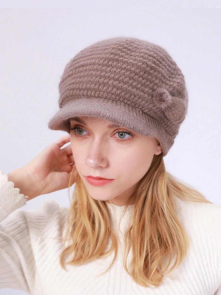 1pc Solid Stripe Casual Retro Acrylic Jacquard Rabbit Fur Knitted Beret, Warm Lining Earflap Newsboy Cap, Suitable For Autumn And Winter - Khaki - View 1