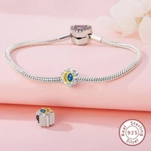 1入組925銀星月珠鏈手鐲,閃爍鑲嵌心形吊墜,適用於diy,生日禮物