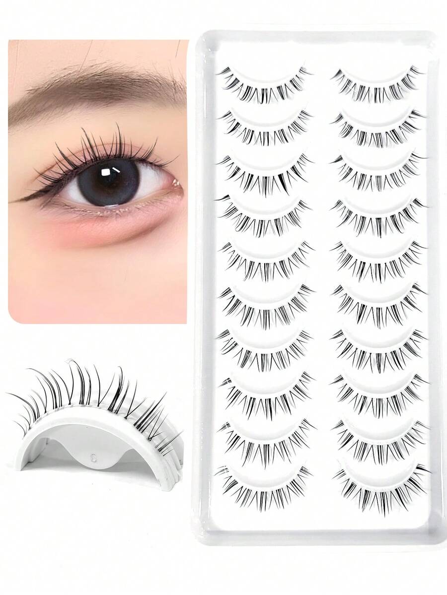Asiteo 10 Pairs Manga Lashes Faux Mink Eyelashes, Korean Natural Short Full Strip False Eyelashes, Transparent Band Soft Lash Extension - 黑色 - 查看 1