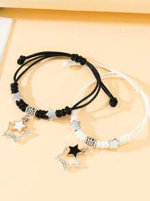2pcs/set Braided Black & White Drawstring Star Design Couple Adjustable Bracelets - Black and White - View 2