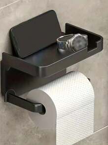 1入組掛牆式馬桶紙存儲架和手機支架,自粘馬桶紙架帶手機架,以耐腐蝕和浴室衛生升級您的浴室,黑色面紙架