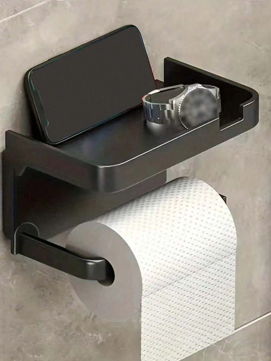 1入組掛牆式馬桶紙存儲架和手機支架,自粘馬桶紙架帶手機架,以耐腐蝕和浴室衛生升級您的浴室,黑色面紙架