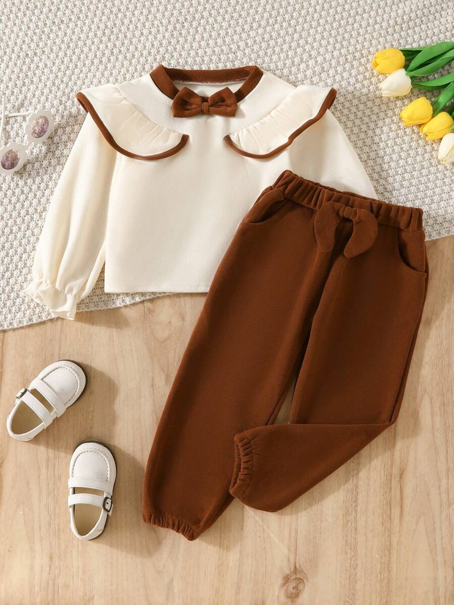 少女蝴蝶結裝飾上衣和短褲套裝 - 卡其色 - 查看 1