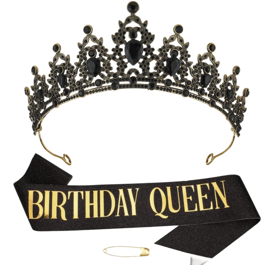 2入組女王皇冠+緞帶水晶冠頭箍,適用於女孩或女性生日趴、婚禮、饗宴、聖誕節或情人節聚會用黑色款式
