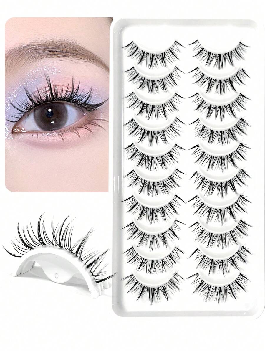 Asiteo 10 Pairs Natural-Looking False Eyelashes, Thai Short Handle Transparent False Lashes, Cartoon Eye Makeup Effect, Suitable For Cartoon Style Eye Makeup - 黑色 - 查看 1
