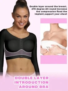 Women Breast Augmentation Post Op Surgery Shapewear Bra Tops With Long Sleeves - Black - View 5