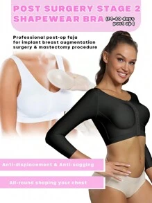 Women Breast Augmentation Post Op Surgery Shapewear Bra Tops With Long Sleeves - Black - View 3