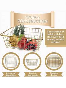 1 件装金属丝储物篮，玫瑰金金属丝篮带手柄，适用于厨房、餐具室、衣柜、洗衣房、橱柜、车库的食品储藏室