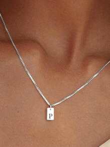 1Pc 26 chữ cái A-Z Vòng cổ mặt dây chuyền thẻ chữ cái đầu cá nhân hóa cho phụ nữ Quà tặng trang sức hợp thời trang - Bạc - Xem 18