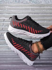 2023大尺碼女鞋，新款透氣輕量針織網面拼色綁帶防滑耐磨運動、休閒、跑步、步行及路徑鞋 - 黑色 - 查看 1