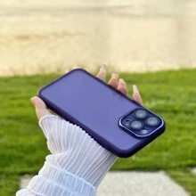 1pc Purple Simple Electroplated Lens Frame Precision Hole Frosted Solid Color Phone Case Compatible With IPhone/Compatible With Samsung Phones,International Version, Not The Domestic Version - Purple - View 5