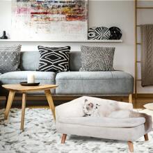 Luksusowa sofa dla psa kanapa dla psa z oparciem pluszowa poduszka drewniane nogi, podwyższone legowisko dla psa sofa dla średnich małych psów, fotel dla kota dla dużych kotów, 80x50x39cm beżowy - Morela - Zobacz 3