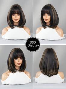 7JHH WIGS 瀏海短黑色假髮突出金髮及肩捲曲波浪假髮女式天然柔軟合成耐熱假髮 16 英寸 - 間色 - 查看 4