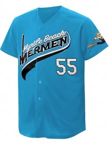 男士棒球球衣襯衫,藍色,紐扣,刺繡運動 T 卹 - 藍色 - 查看 1