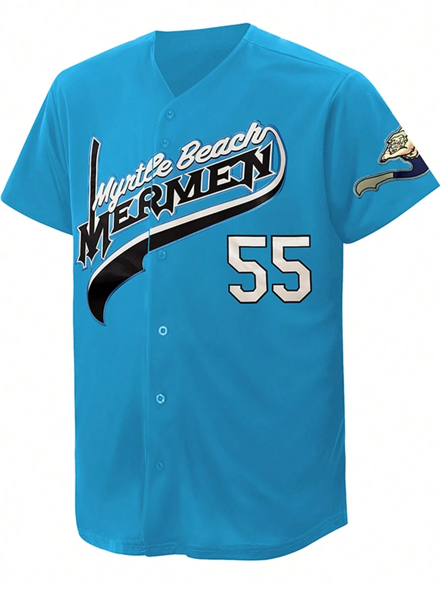 男士棒球球衣襯衫,藍色,紐扣,刺繡運動 T 卹 - 藍色 - 查看 1