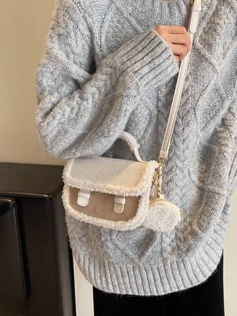 时尚米色复古毛茸茸迷你方形手提包，新款皮草钱包，新款女士皮草包