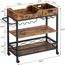 3-Tier Rolling Bar Cart,Serving Cart with Wheels, Rustic Bar Cart with Wine Rack, Glasses Holder,Multifunction Utility Cart Storage Rack for Home, Kitchen, Bar, Dinning Room, Living Room - Brown - View 2