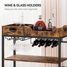 3-Tier Rolling Bar Cart,Serving Cart with Wheels, Rustic Bar Cart with Wine Rack, Glasses Holder,Multifunction Utility Cart Storage Rack for Home, Kitchen, Bar, Dinning Room, Living Room - Brown - View 3