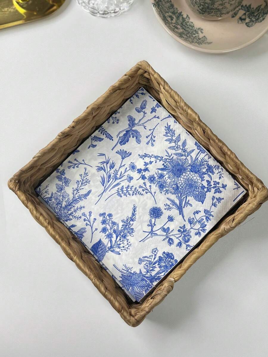 20pcs Blue And White Porcelain Flower Printed Napkins, 13x13inch