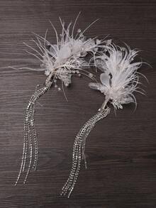 2pcs Mori Style Handmade Flower Beaded Hair Clips With Rhinestone & Tassel Side Decoration For Teen Girls - White - View 5