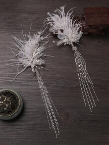 2pcs Mori Style Handmade Flower Beaded Hair Clips With Rhinestone & Tassel Side Decoration For Teen Girls - White - View 4