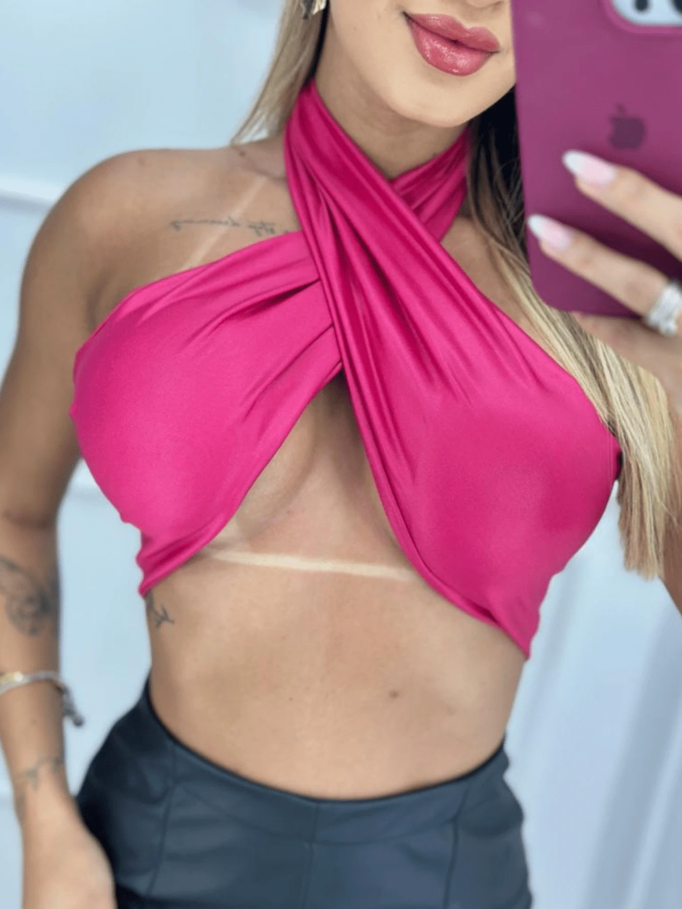 Wrap Top With Tie With Padded Tops Bandeau Crossover Fashion Blogger Party - Pink - View 1