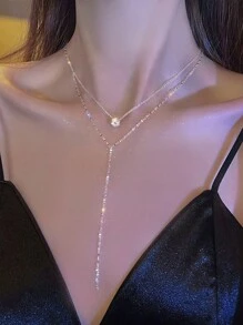 1pc High-end Niche Long Y-shaped Double-layer Tassel & Rhinestone Decor Necklace For Women - Silver - View 3