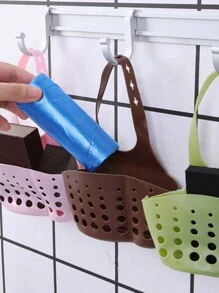 1pc Adjustable Kitchen Sink Organizer Storage Basket, With Drainage Hollow Sponge Rack And Hooked Adjustable Pouch - Yellow - View 4