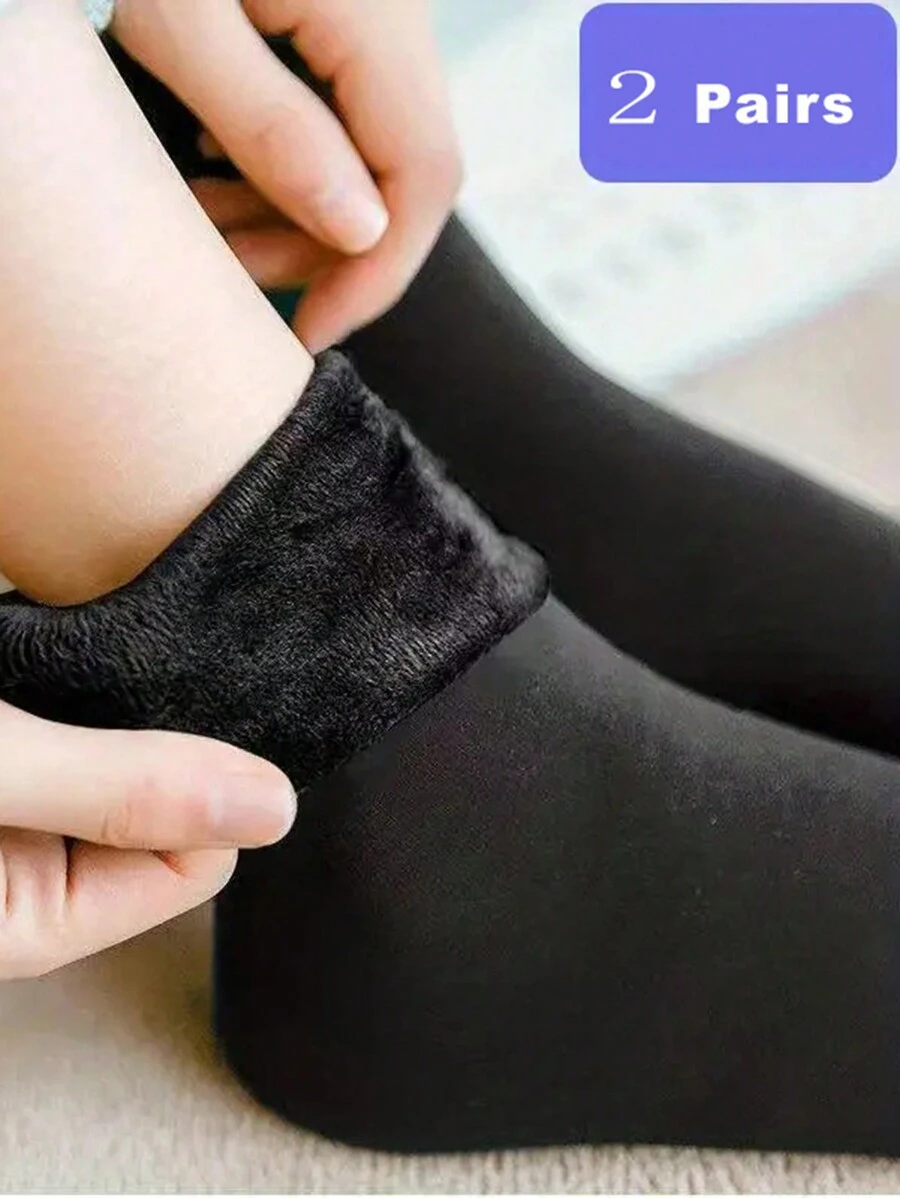 2 双女士尼龙加厚保暖内衬雪袜，适合秋冬季，防起球，保暖，中筒袜 - 黑色 - 查看 1