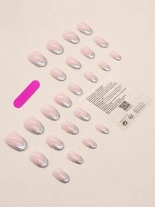 24pcs Round French Style False Nails With Silver Edge & Glitter Decoration - Multicolor - View 2