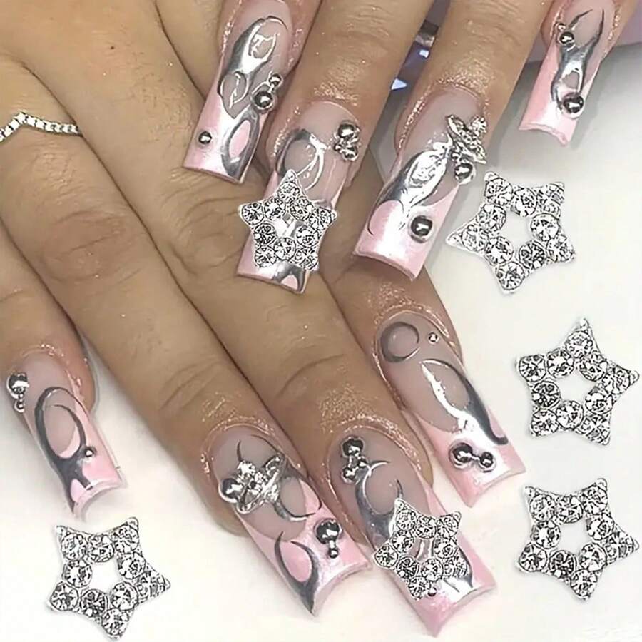 10 件 3D 星星美甲饰品水晶合金星形指甲饰品带水钻，DIY 装饰指甲配件女士美甲用品