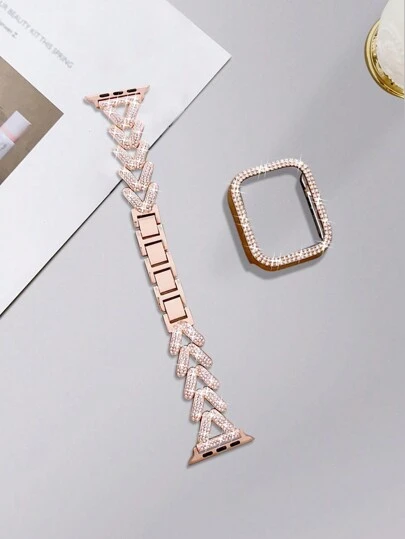 2件套金色女士表带及表壳，兼容 Ultra2/1/S11/S10/SE/S9/S8/S7/S6/S5/S3/S4/S2/S1系列手表，尺寸38mm/40mm/41mm/42mm/44mm/45mm/49mm。时尚奢华的金属闪亮V形可调节表带，搭配PC硬质镂空防撞金色闪亮手表保护壳套装。