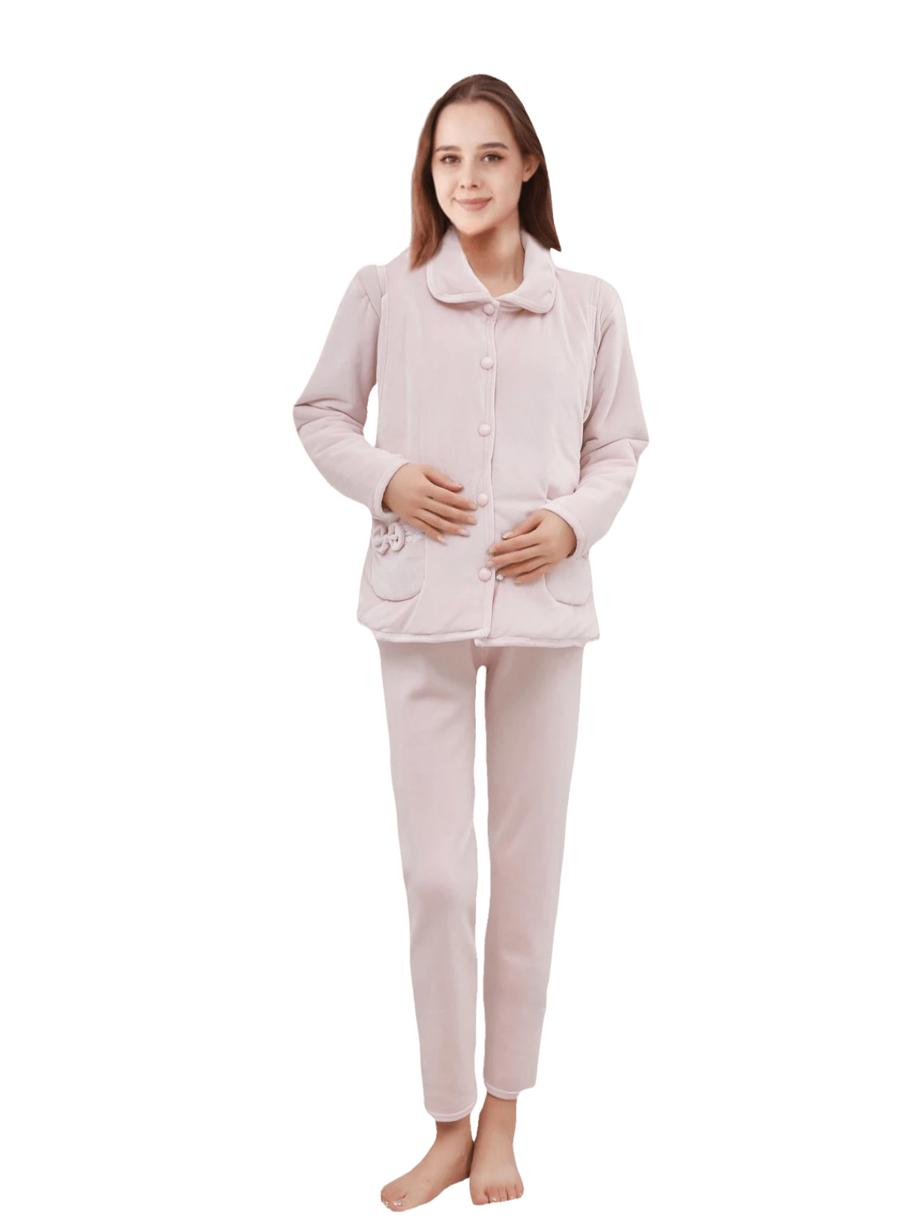 One Set Of Maternity Homewear / Postpartum Clothing, Autumn And Spring, Nursing Clothes Suit, Long-sleeved Long Pants Set With Side Opening - Purple - View 1